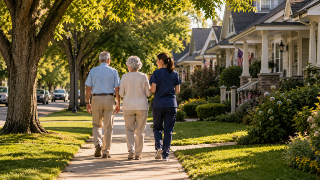 an older American couple walking side by side through their established neighborhood with a professional home caregiver