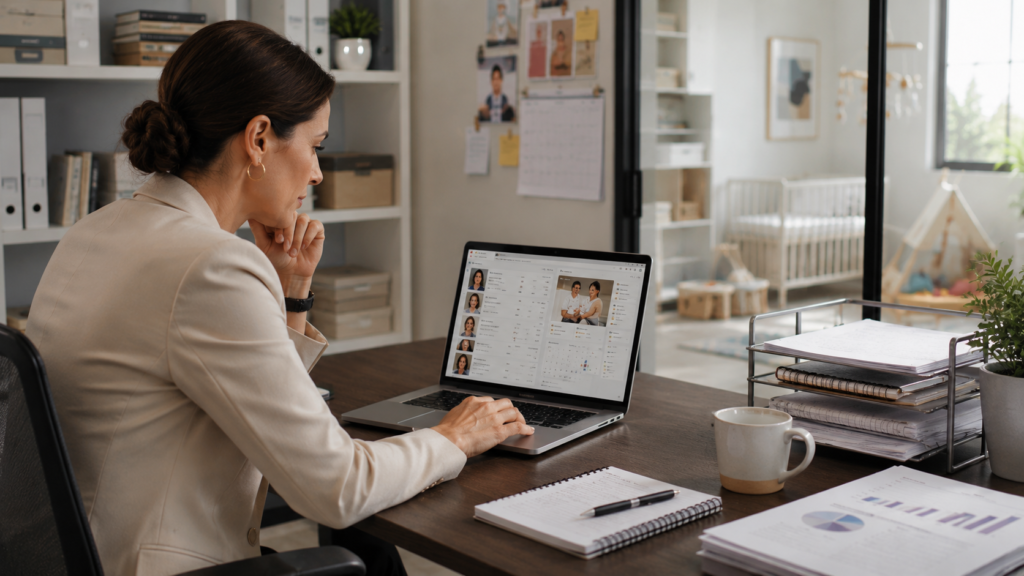 Childcare agency manager reviewing newborn care services and scheduling information on a laptop