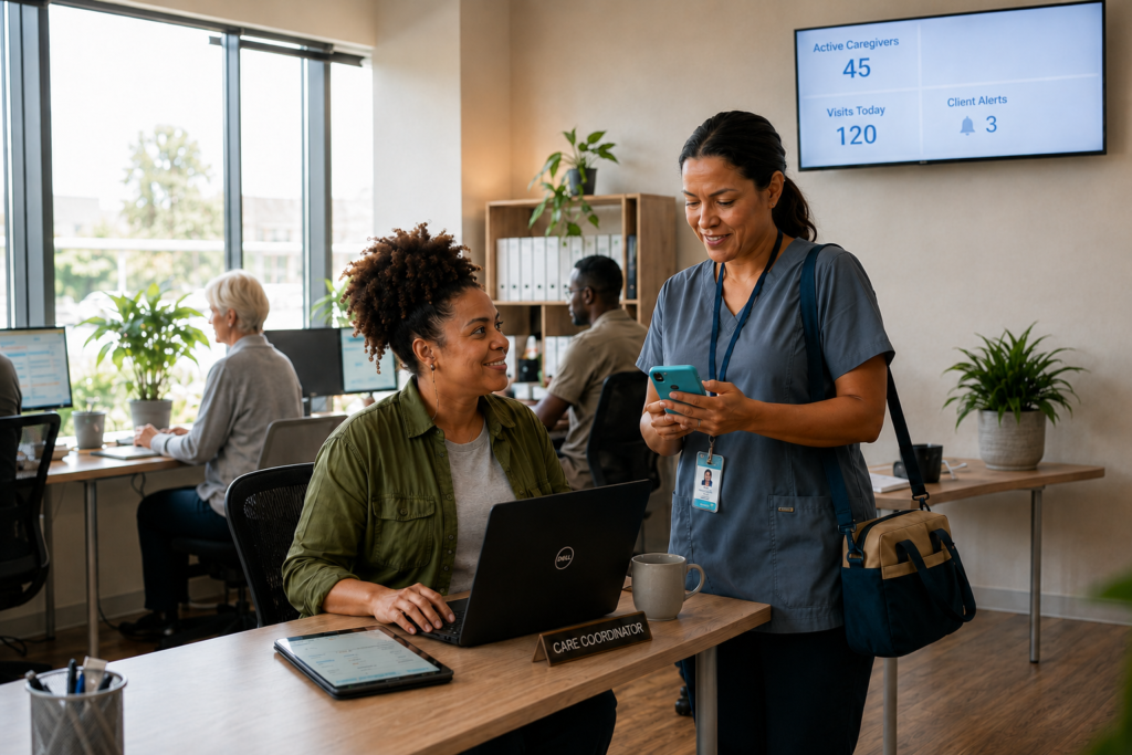 home care coordinator assisting a caregiver with her schedule and client visits, concept of mobile app and interconencted system