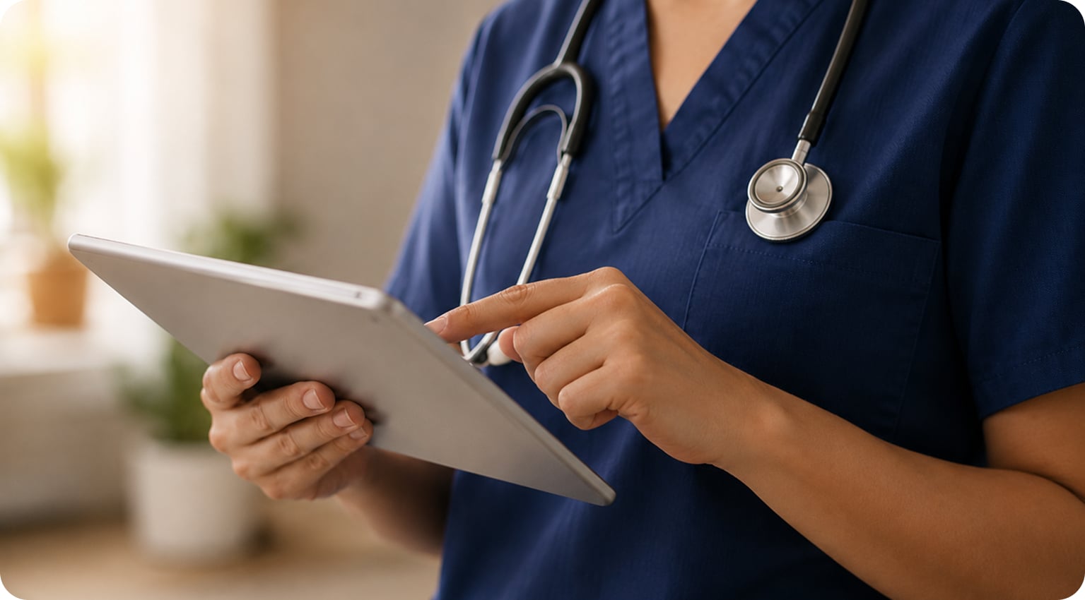 Skilled care nurse using a tablet to manage clinical documentation