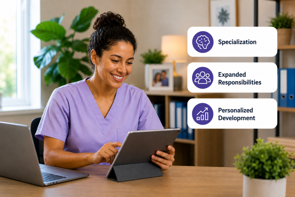 Home caregiver using a tablet for personalized professional development, with specialization, expanded responsibilities, and personalized development options