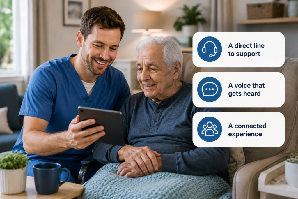 Male home caregiver using a tablet with an older client, highlighting communication, support, and connection in home care.