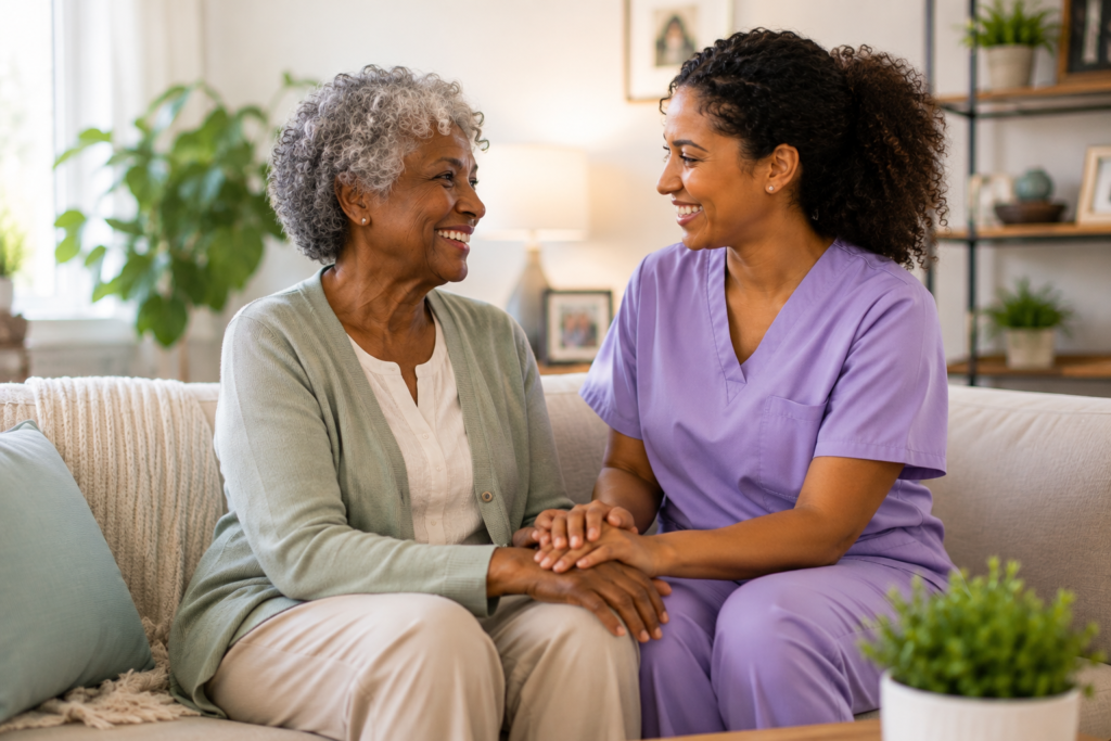 Home caregiver building a meaningful one-to-one relationship with an older client during a home care visit