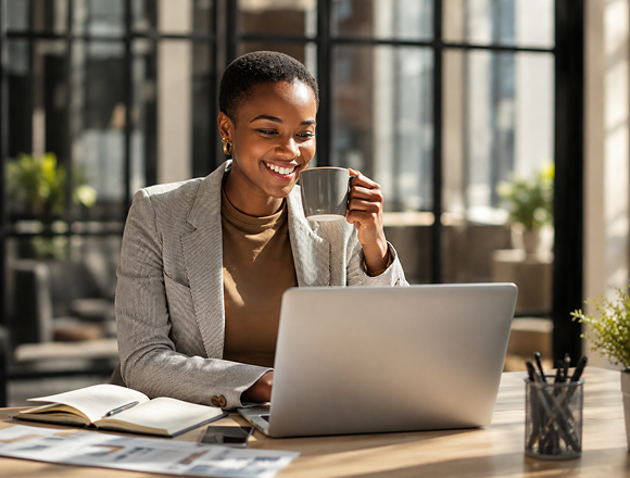 Home care professional working on a laptop in a bright office, smiling and holding coffee, symbolizing streamlined workflows and improved productivity with home care software