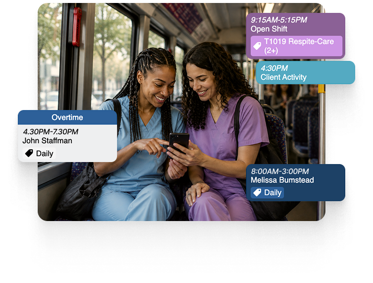 Home care caregivers checking schedules on a mobile app during transit, with on-screen shift details and client activities, illustrating real-time scheduling and team synchronization