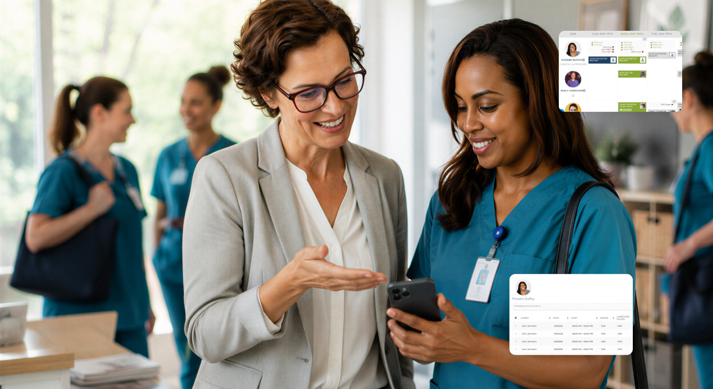 Senior care administrator and caregiver reviewing the workforce management mobile app