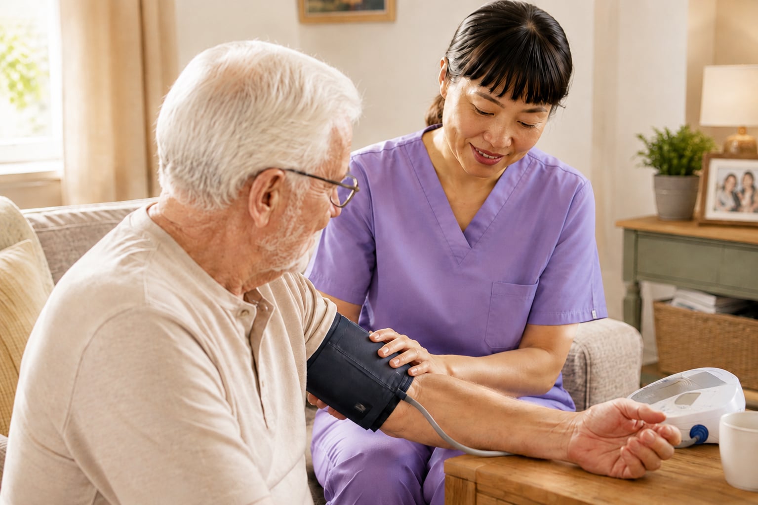 Skilled care professional checking an older adult’s blood pressure during an in-home visit