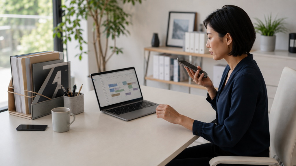 Childcare professional managing schedules and coordinating newborn care services on a laptop and phone
