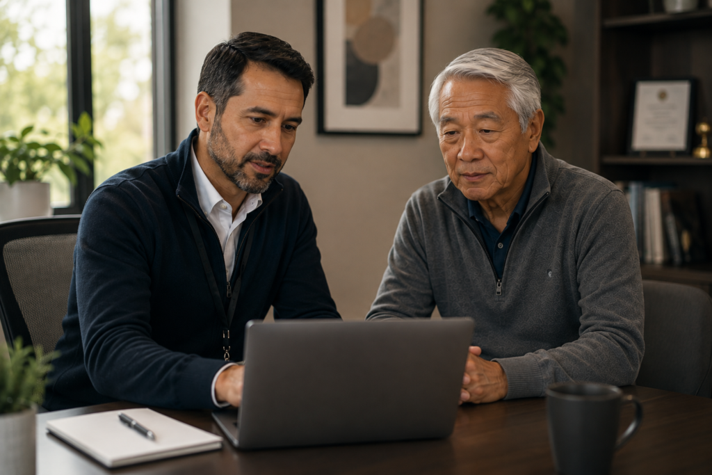 Home care professional discussing care options with an older man while reviewing information on a laptop, illustrating personalized and collaborative home care planning
