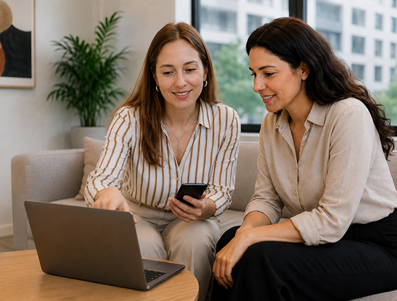 Home care agency professionals comparing software options on a laptop and smartphone, illustrating evaluation and decision-making between Aaniie and CareSmartz360 platforms