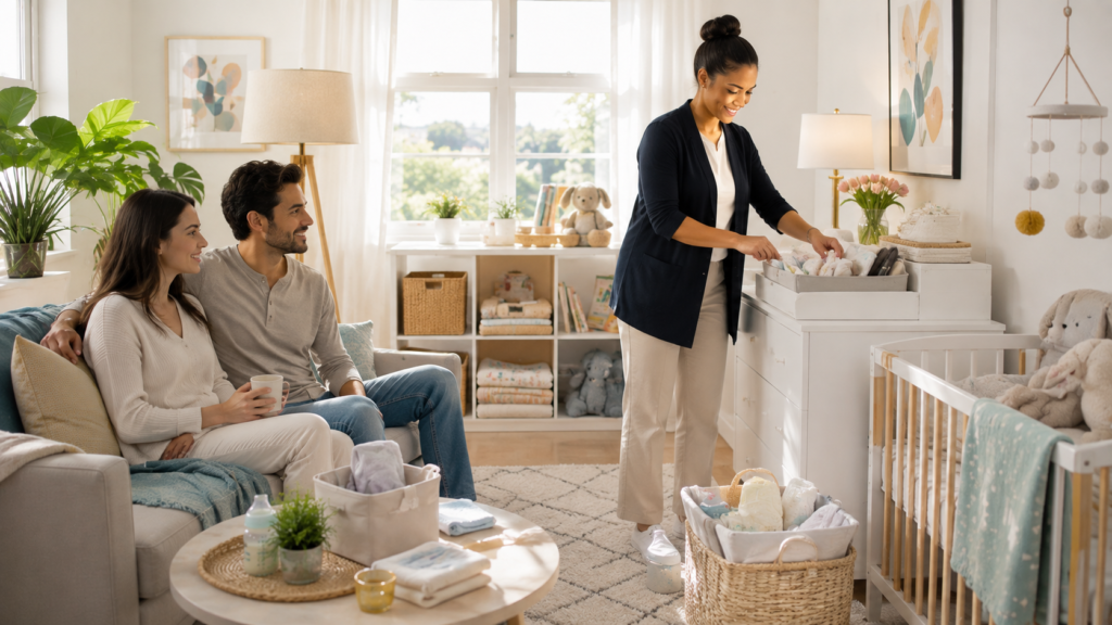Newborn care professional organizing baby supplies while parents relax in a nursery at home
