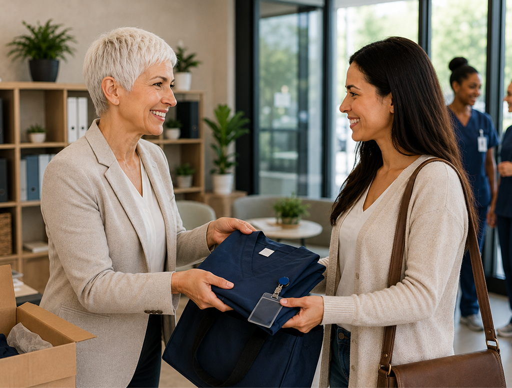 Senior care administrator onboarding a new caregiver with a staff uniform