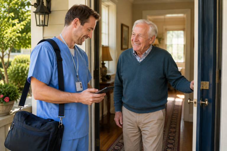 home-care caregiver arriving at the home of an elderly client for a scheduled home visit