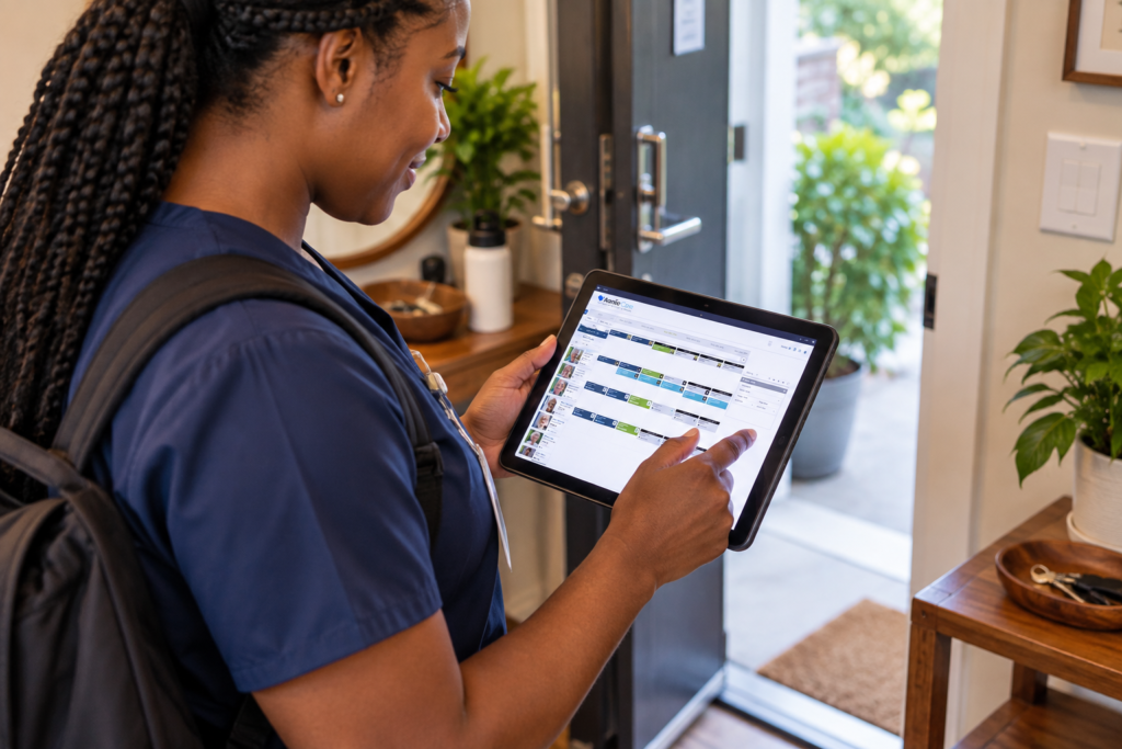 Caregiver Checking Schedule by the Door