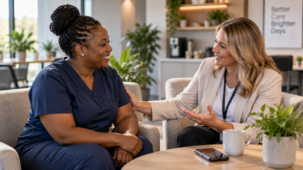Home care agency leader talking with a caregiver about engagement, support, and improving agency operations