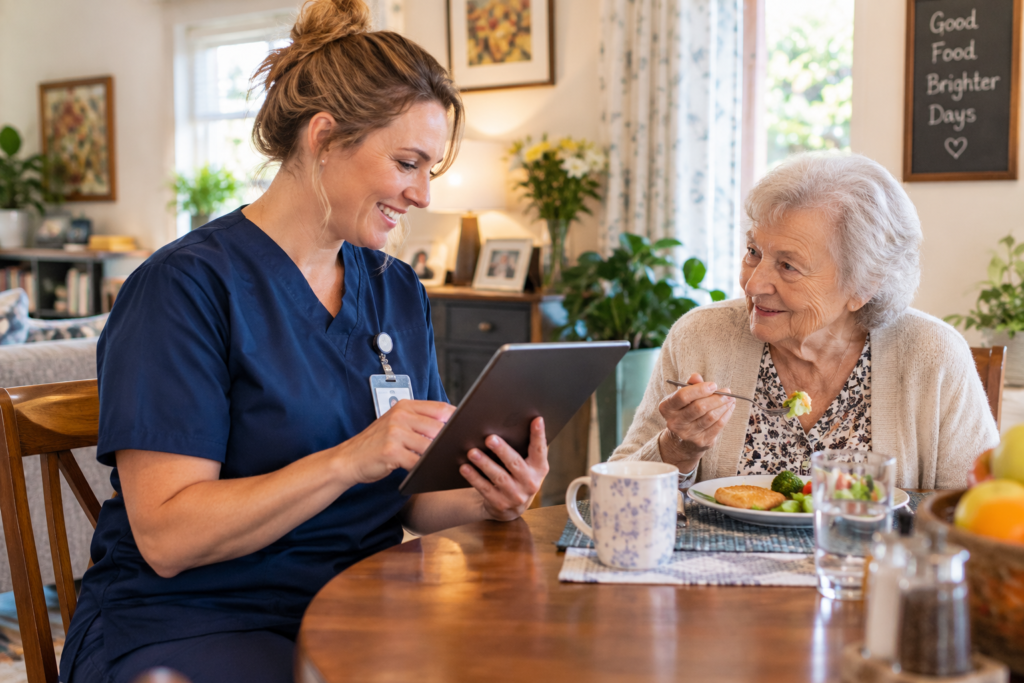 Caregiver checking the EVV system while providing care to a senior client or patient
