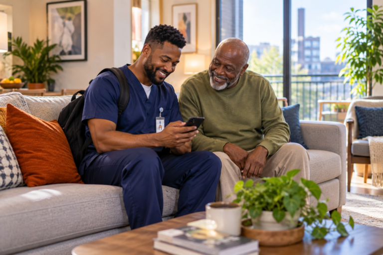 Caregiver using Electronic Visit Verification for a home visit