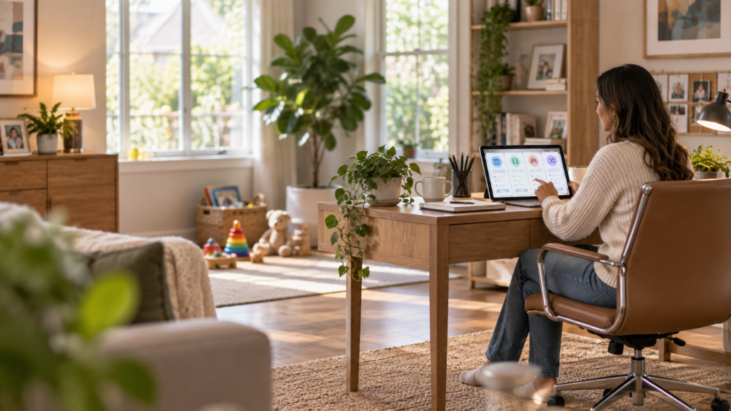 image of a mother looking at subscription options in her computer while working in a home office