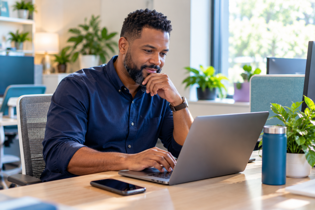 home care agency employee reviewing year-end performance data on a laptop in a bright, modern office