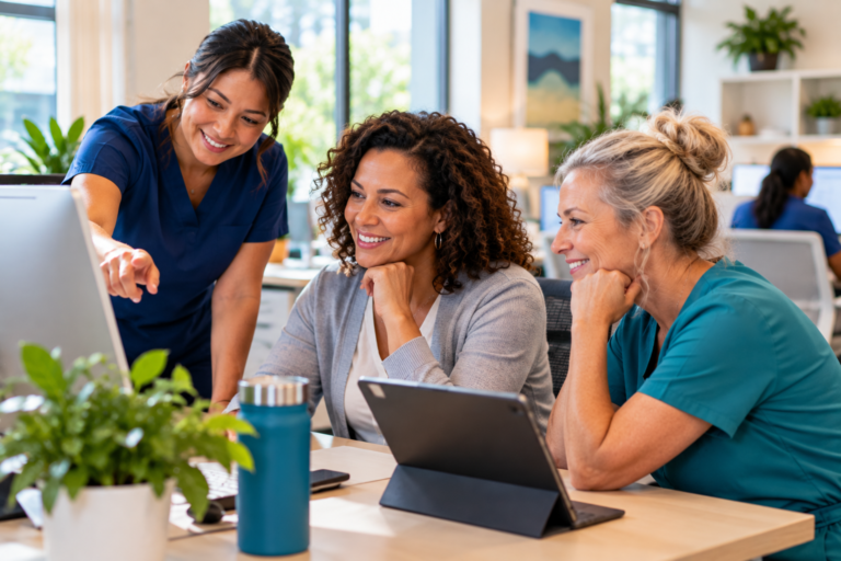 Three home care agency employees collaborate around a computer in a bright office during a year-end operational review.