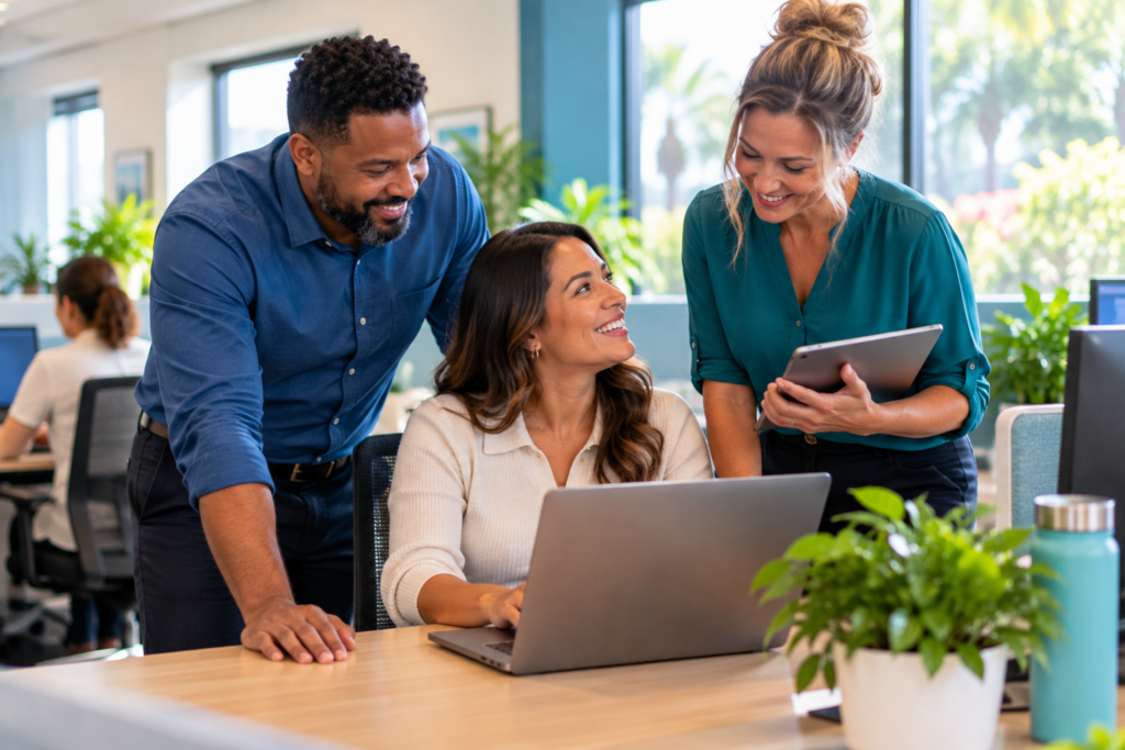 Diverse home care agency team collaborating around a laptop in a bright, modern office while planning operational improvements.