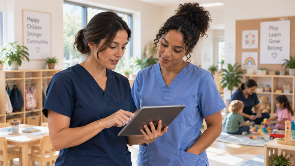image of two babysitting nannies looking at a tablet device, concept of coordination and expertise