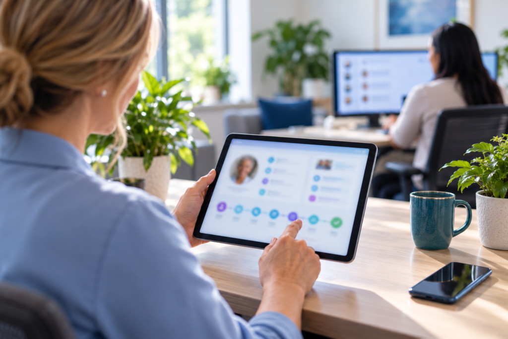 Home care agency employee using a tablet with a blurred CRM dashboard to track client relationships and follow-ups