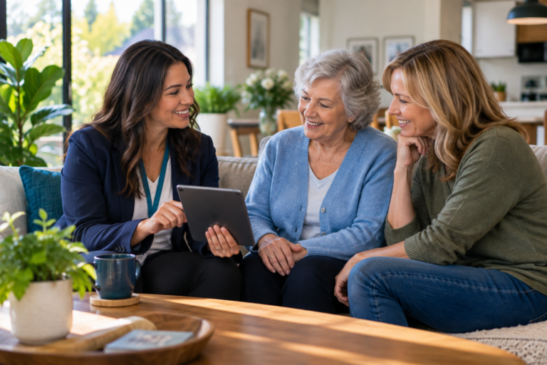 Home care agency representative using a tablet with an older woman and her adult daughter, building trust and staying connected throughout the care journey.