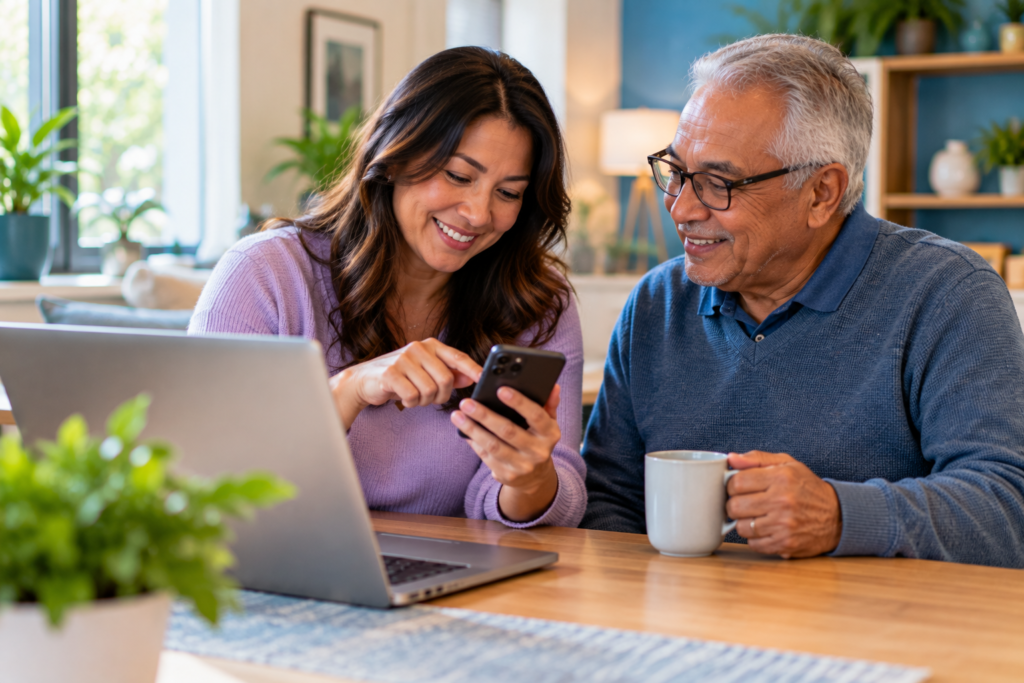 Adult daughter helps her elderly father make an online care payment using a smartphone at home