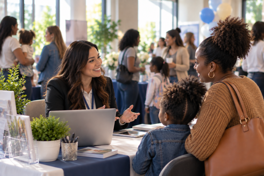 image of a babysitting agency employee speaking to a mother in a community event