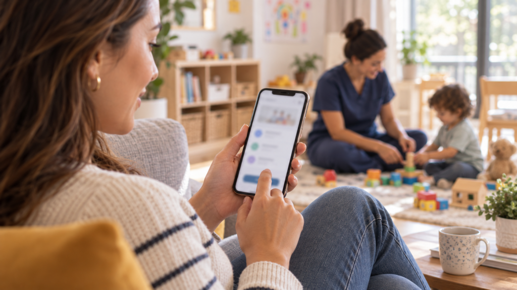 image of a mother using a mobile device to view available babysitting subscription plans