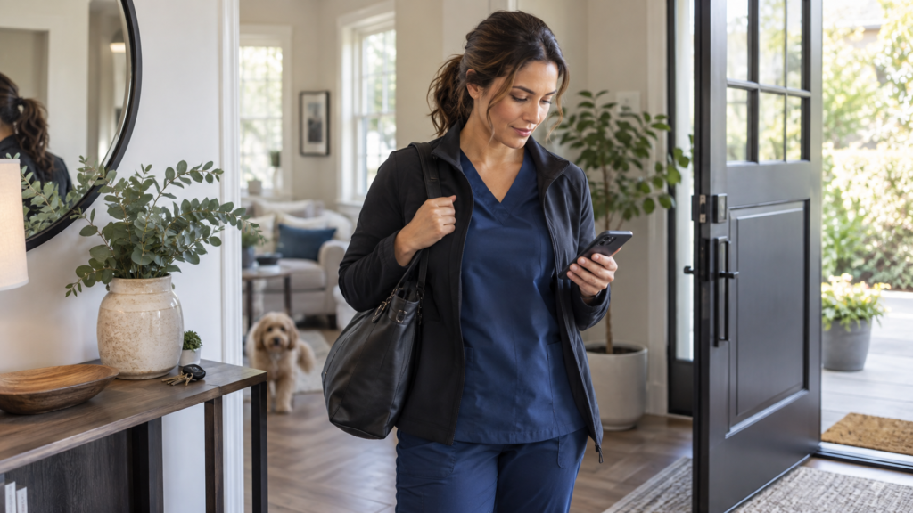 a caregiver using mobile app to track appointments and home care visit information