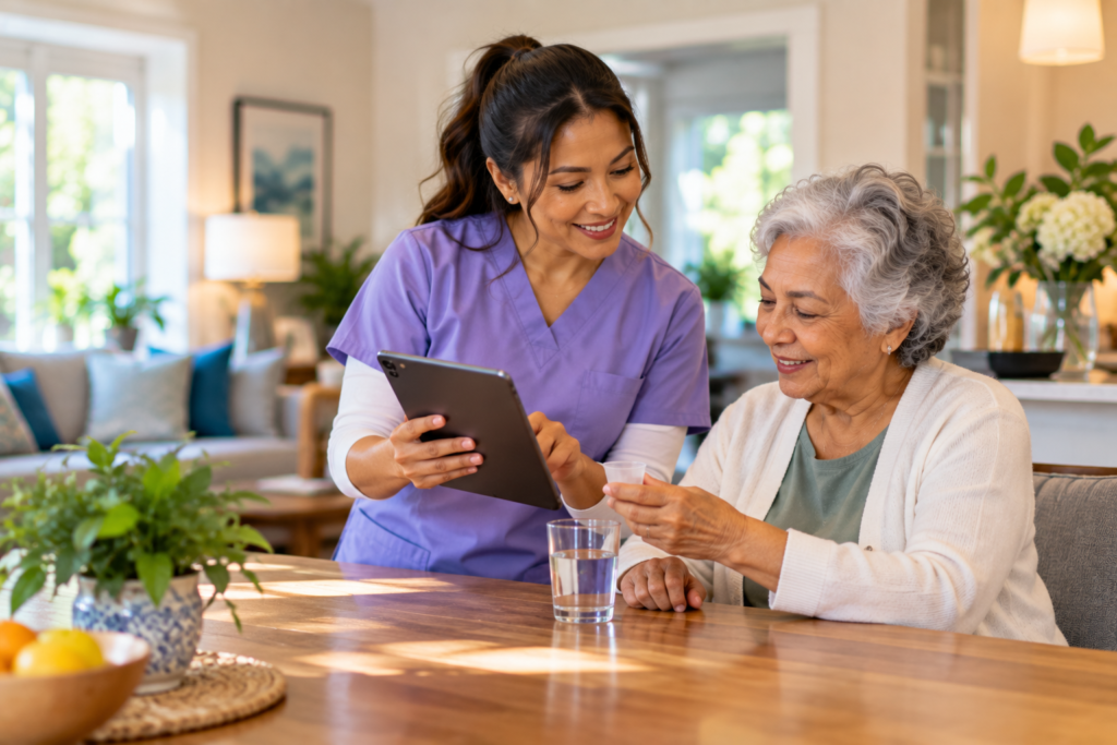 Female home caregiver reviews digital care information on a tablet while assisting a senior woman with medication at home.