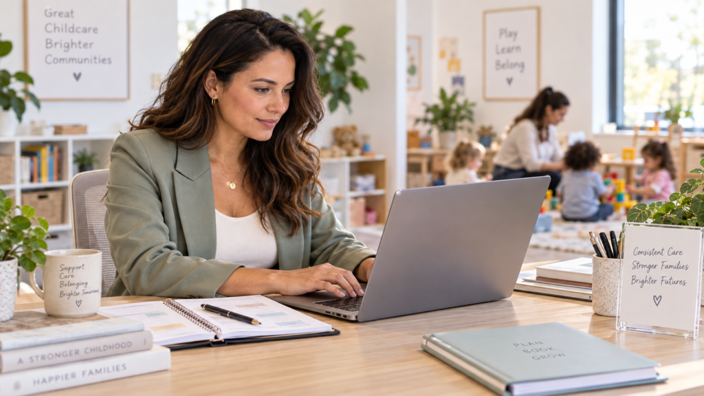 image of a working mother at home while checking her emails while a nanny is taking care of a child in the background