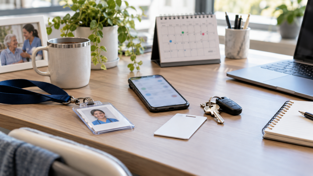 Home care agency workspace with caregiver ID, smartphone, calendar, and laptop for connected payroll processing