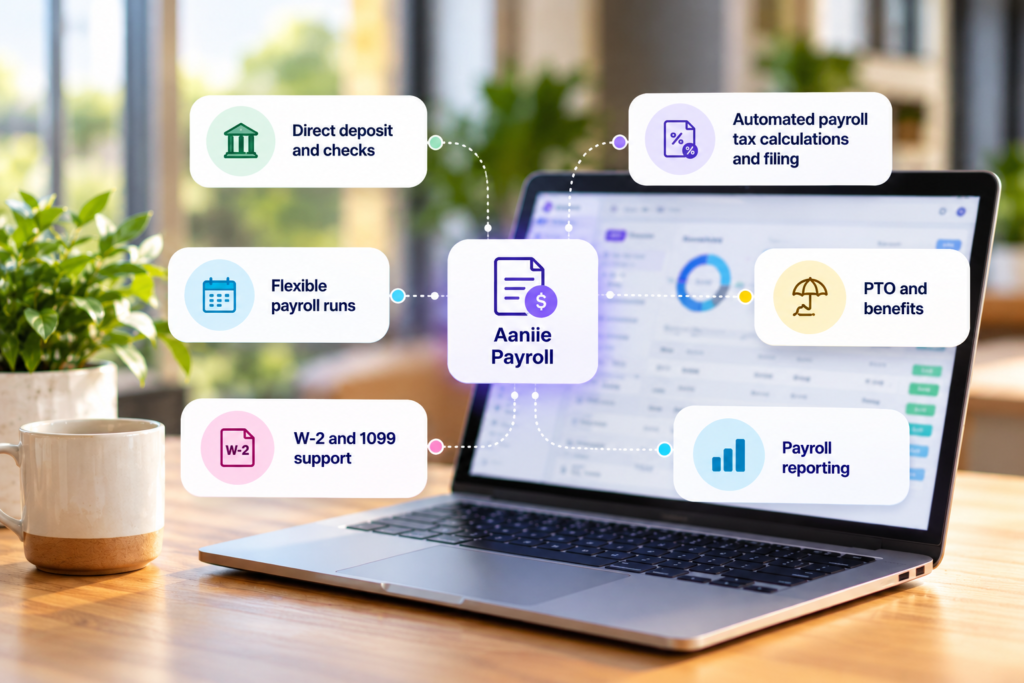 Aaniie Payroll software features displayed as connected digital icons around a laptop, highlighting direct deposit, tax filing, flexible payroll, benefits, W-2 and 1099 support, and payroll reporting