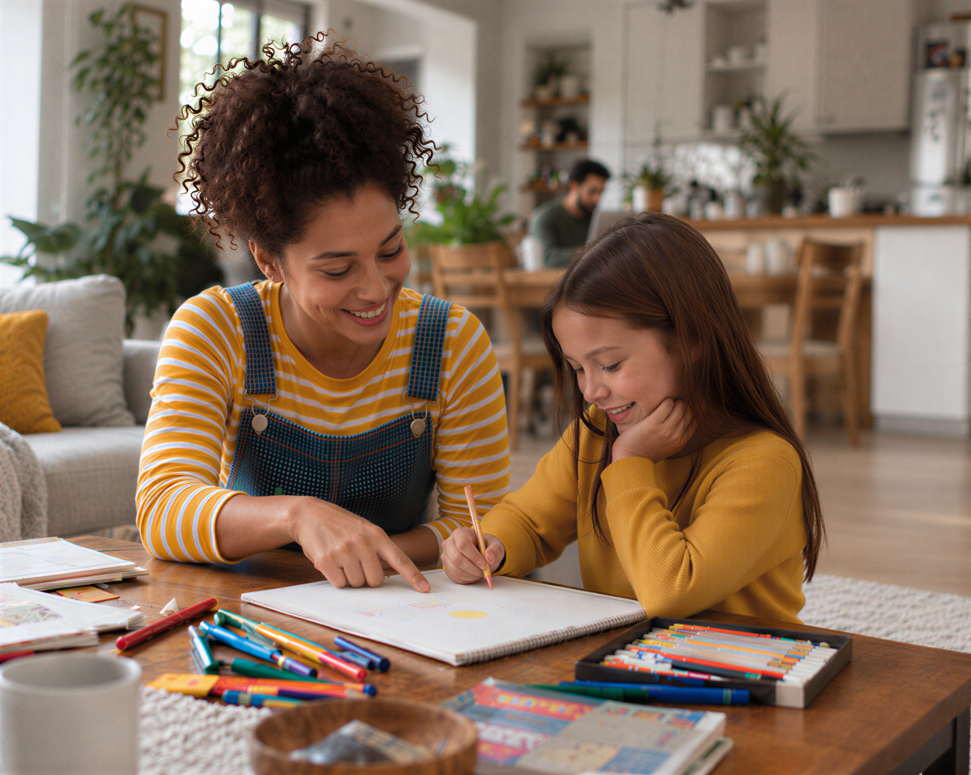 Caregiver helping a young girl draw at a table during an in-home childcare session