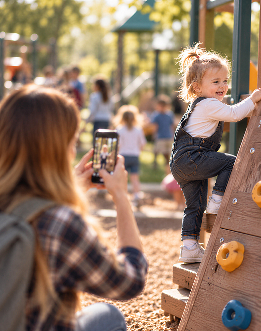 Woman photographing a young child climbing on playground equipment
