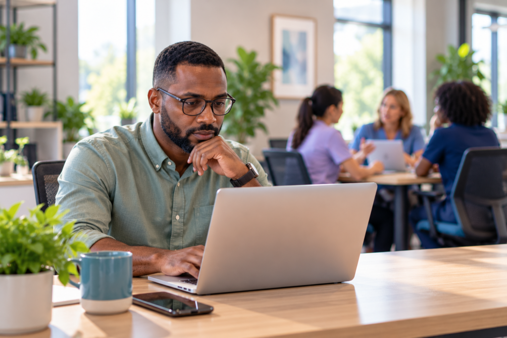 home care agency owner reviewing software expenses on a laptop, with caregivers meeting in the blurred office background