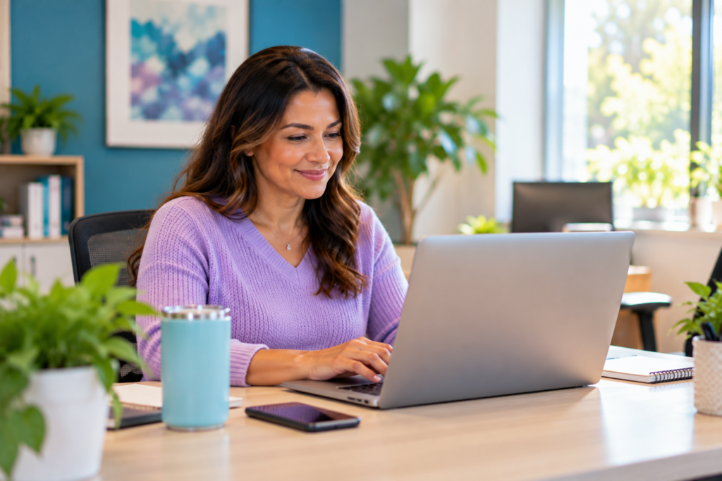 Childcare agency employee uses a laptop to manage digital backup care operations in a bright, modern office.
