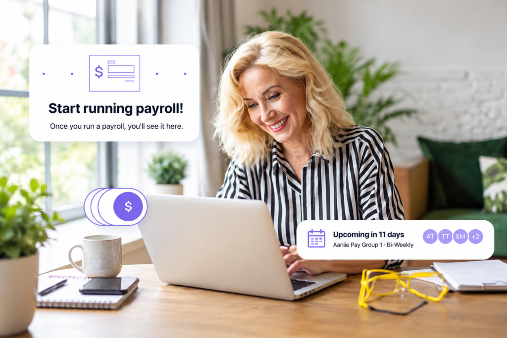 home care agency administrator using a laptop with digital payroll management and upcoming payment schedule notifications, illustrating streamlined home care payroll software