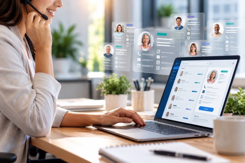 Smiling home care agency employee wearing a headset while managing prospective client profiles and follow-up information through Aaniie CRM