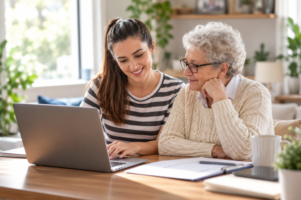 Adult daughter helping her elderly mother complete digital home care onboarding forms on a laptop in a comfortable home setting