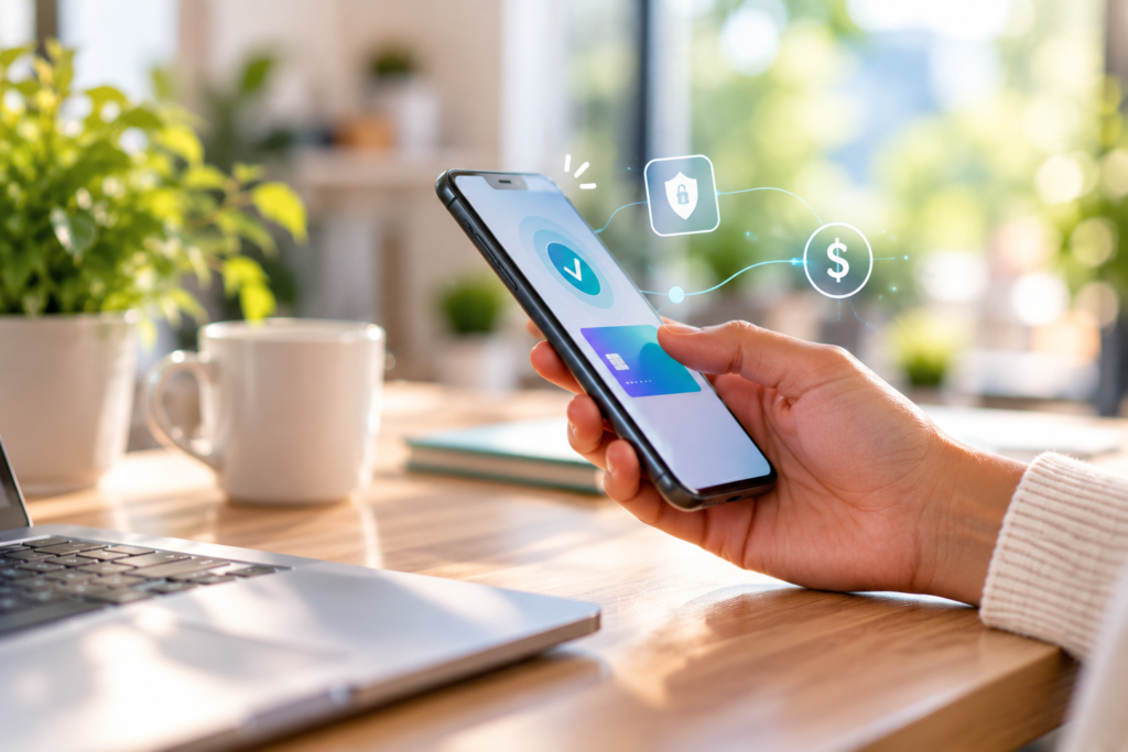 Hand using a smartphone to make a secure digital payment in a bright modern workspace