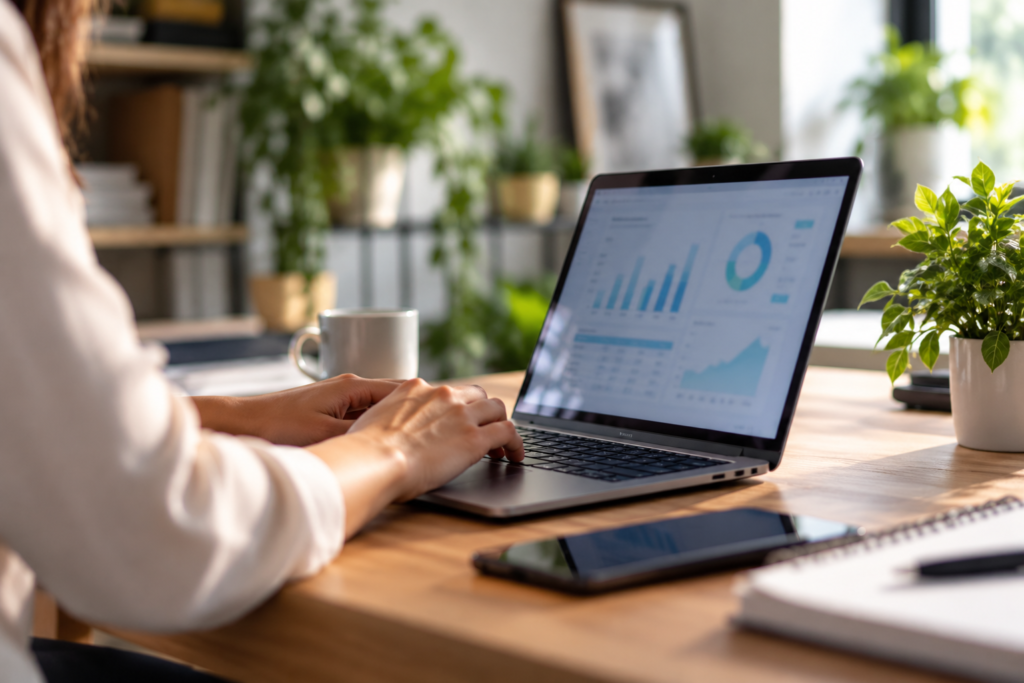 Employee reviews digital financial data on a laptop to monitor accounts receivable and cash flow