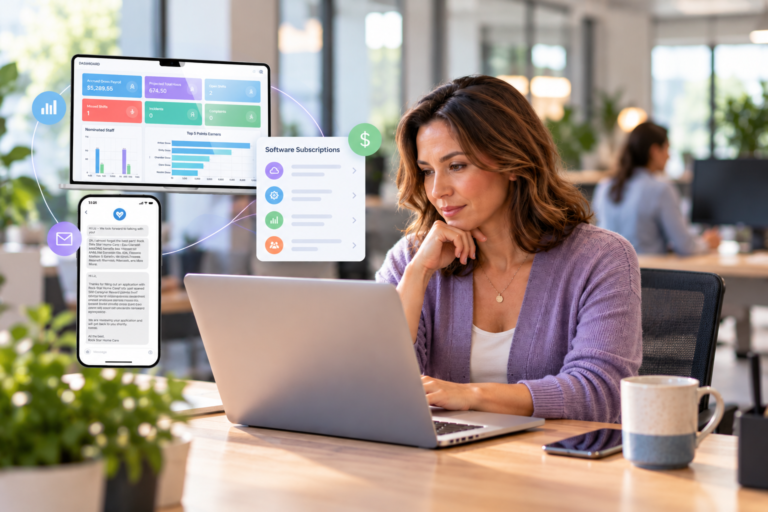 Home care agency owner reviewing software subscriptions and monthly expenses on a laptop at home, with digital graphics representing costs and integrations