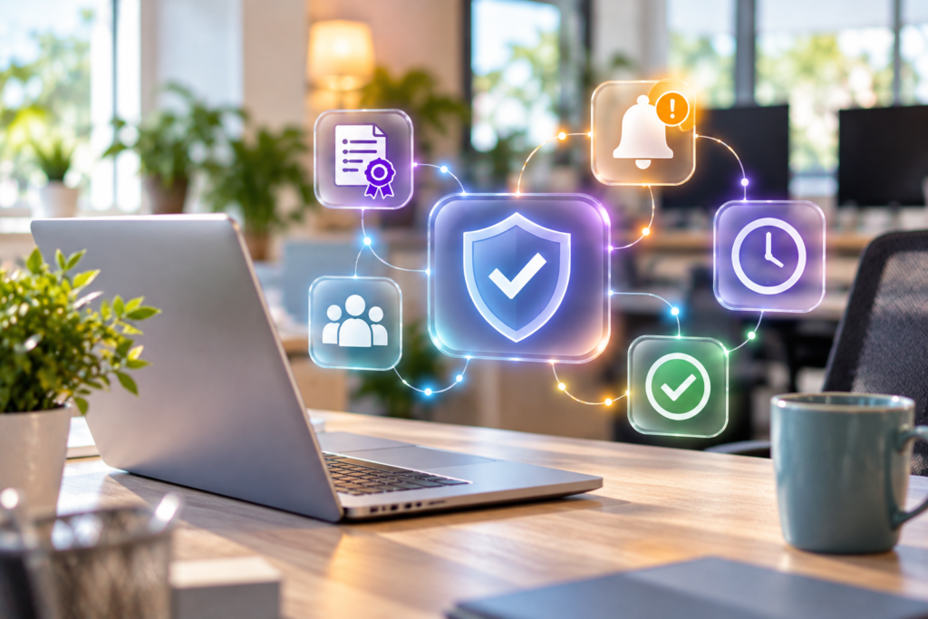 Digital compliance management concept featuring a laptop and connected icons for caregiver certifications, expiration alerts, verification, and compliance tracking