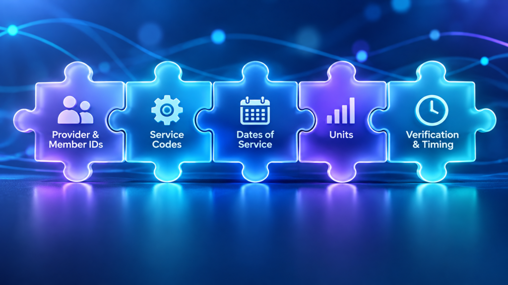 Five interconnected glowing puzzle pieces representing the key MassHealth EVV claims-matching requirements: provider and member IDs, service codes, dates, units, and verification timing