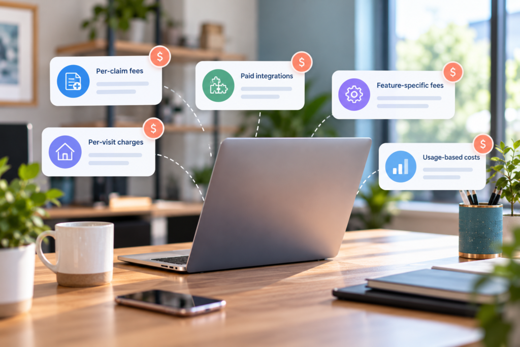 Laptop surrounded by digital icons representing per-claim fees, visit charges, paid integrations, and other hidden home care software subscription costs