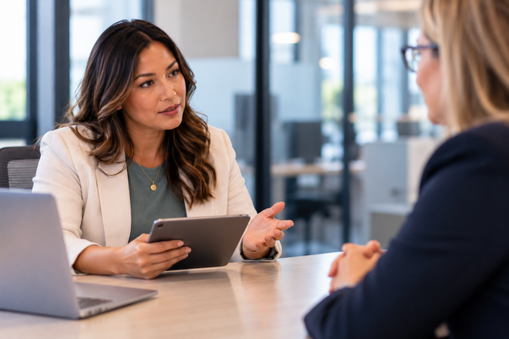 Home care agency administrator holding a tablet while discussing skilled care licensing and regulatory requirements with a licensing authority representative in a modern office